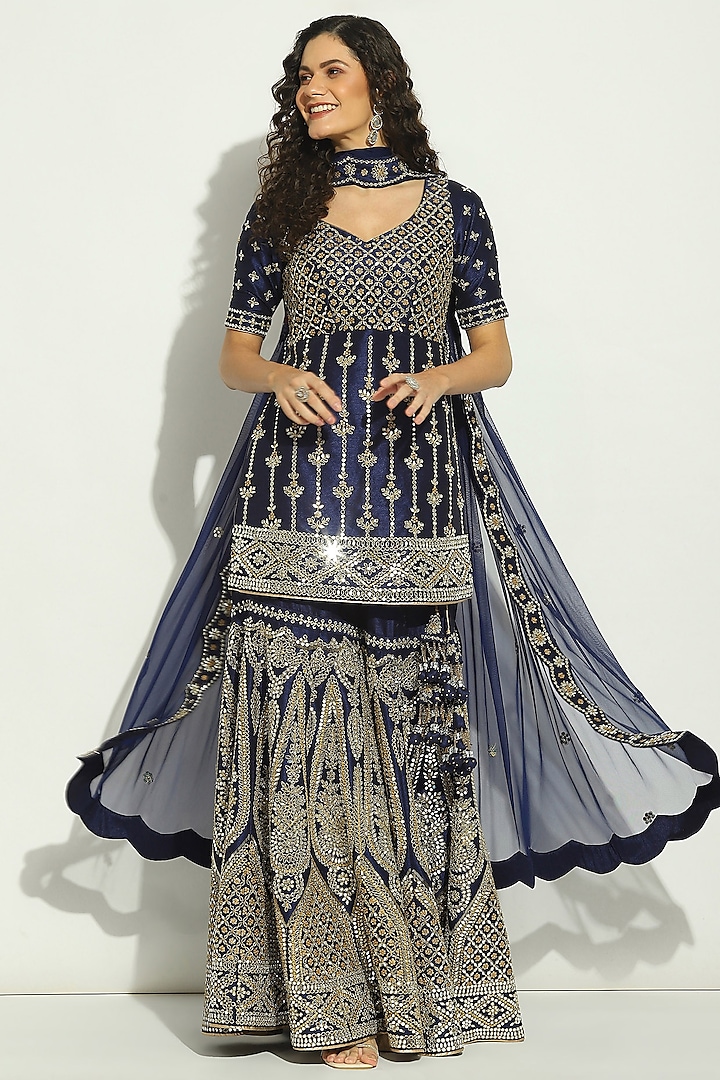 Midnight Blue Dupion Silk Mirror Embroidered Gharara Set by Vandana Sethi