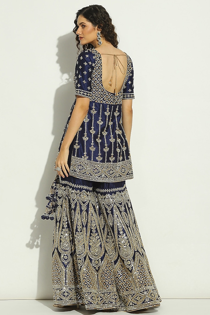 Midnight Blue Dupion Silk Mirror Embroidered Gharara Set by Vandana Sethi at Pernia's Pop Up Shop