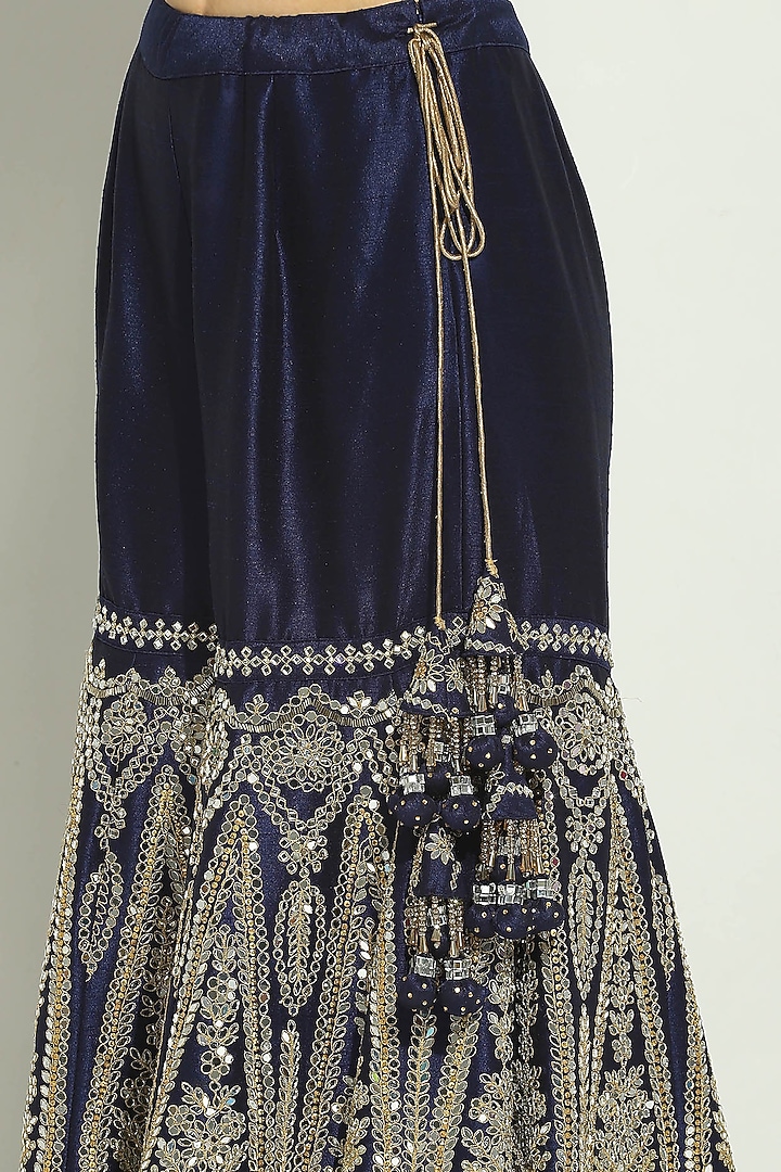 Midnight Blue Dupion Silk Mirror Embroidered Gharara Set by Vandana Sethi at Pernia's Pop Up Shop