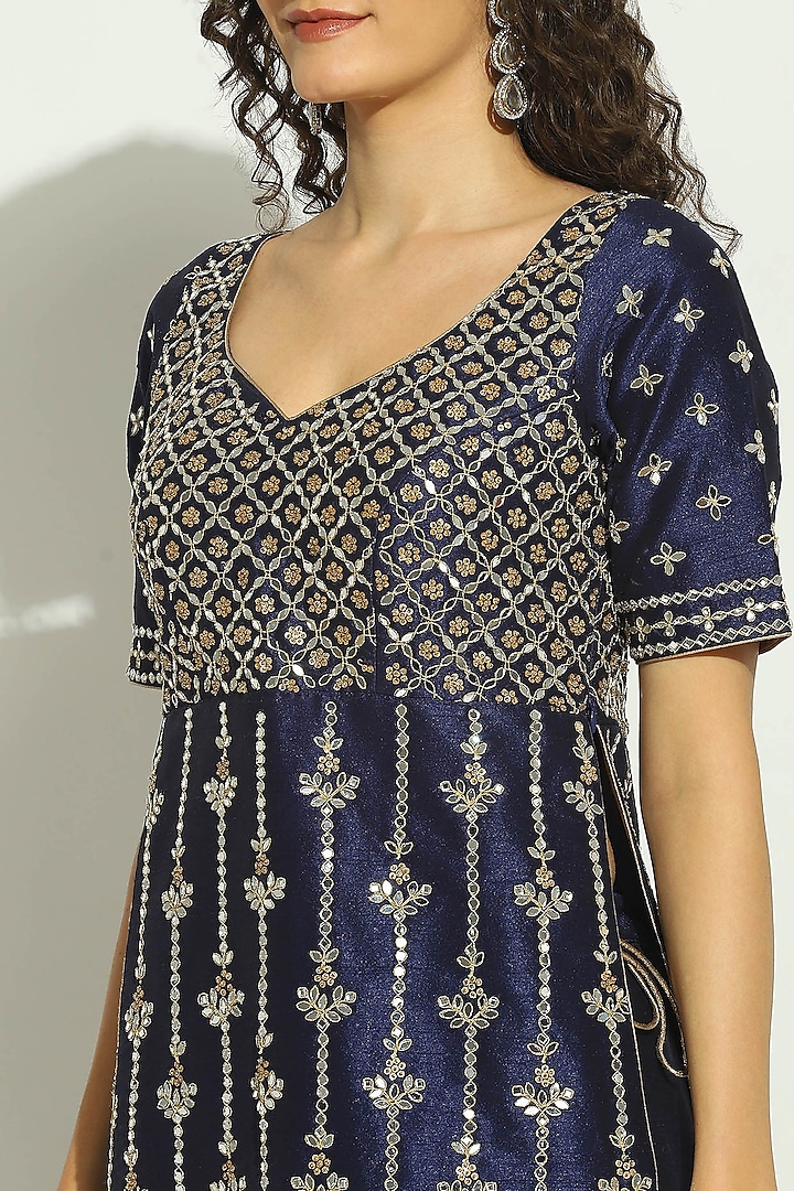 Midnight Blue Dupion Silk Mirror Embroidered Gharara Set by Vandana Sethi at Pernia's Pop Up Shop