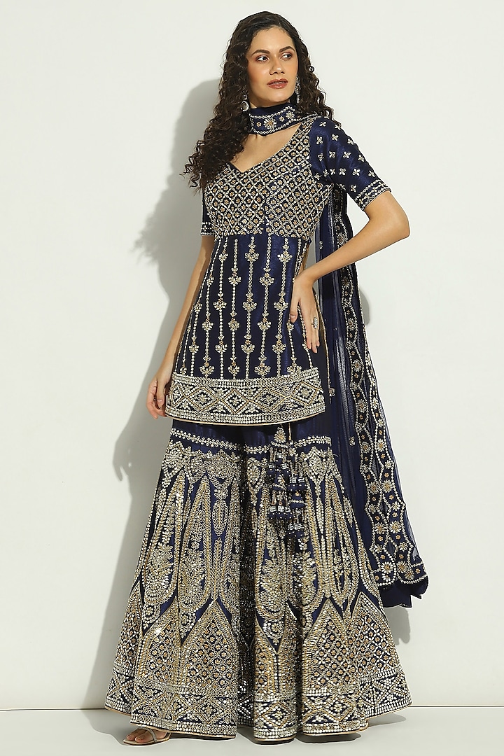 Midnight Blue Dupion Silk Mirror Embroidered Gharara Set by Vandana Sethi at Pernia's Pop Up Shop