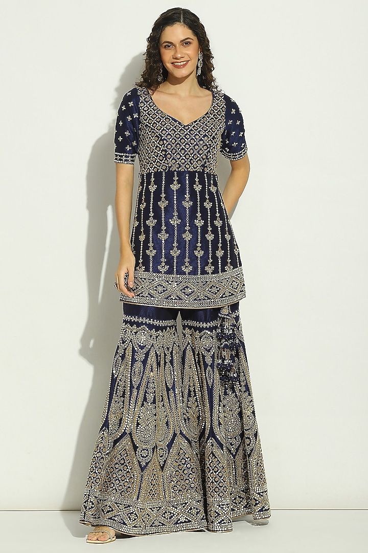 Midnight Blue Dupion Silk Mirror Embroidered Gharara Set by Vandana Sethi at Pernia's Pop Up Shop