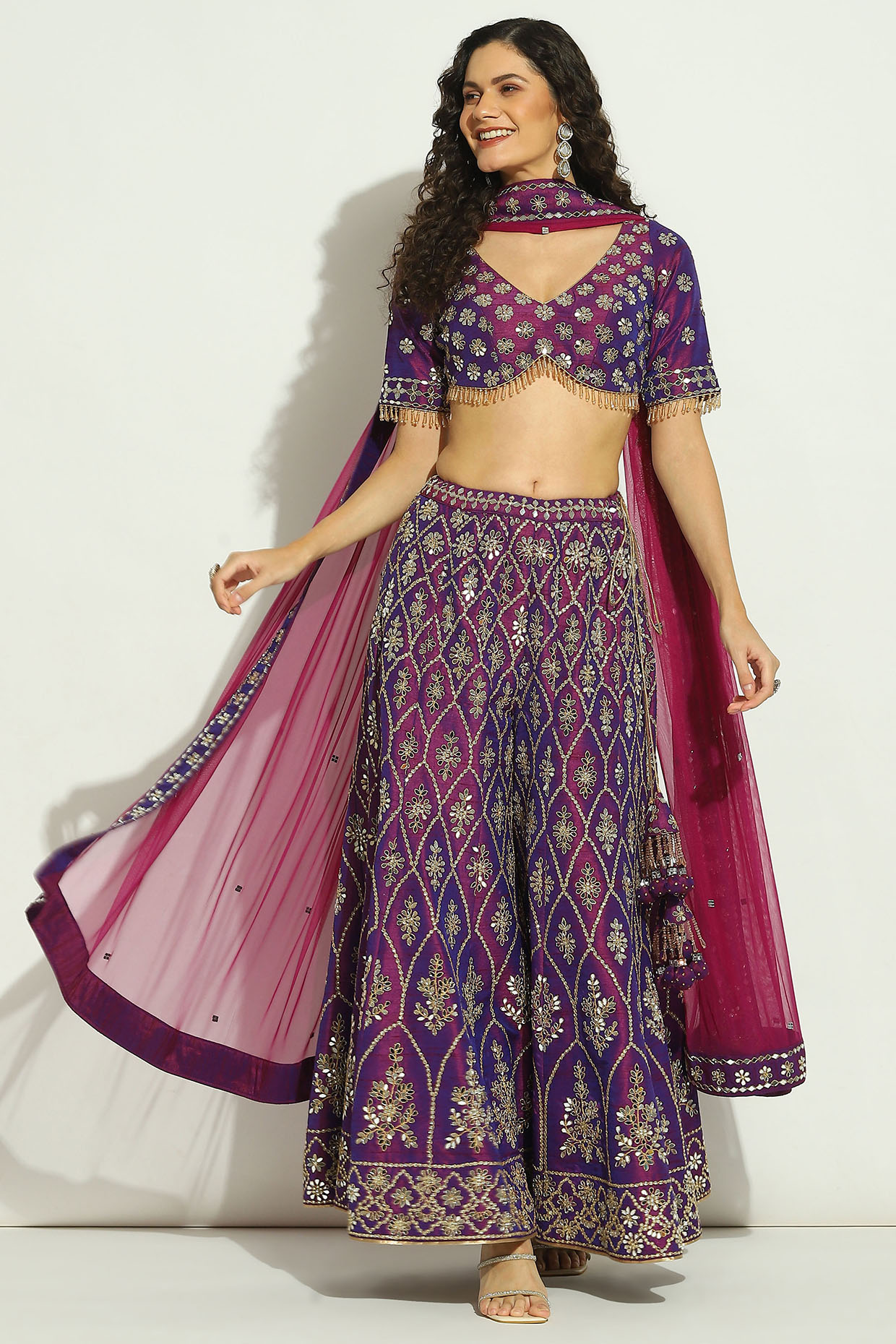Aubergine Dupion Silk Mirror Embroidered Bridal Sharara Set by Vandana Sethi at Pernia's Pop Up Shop