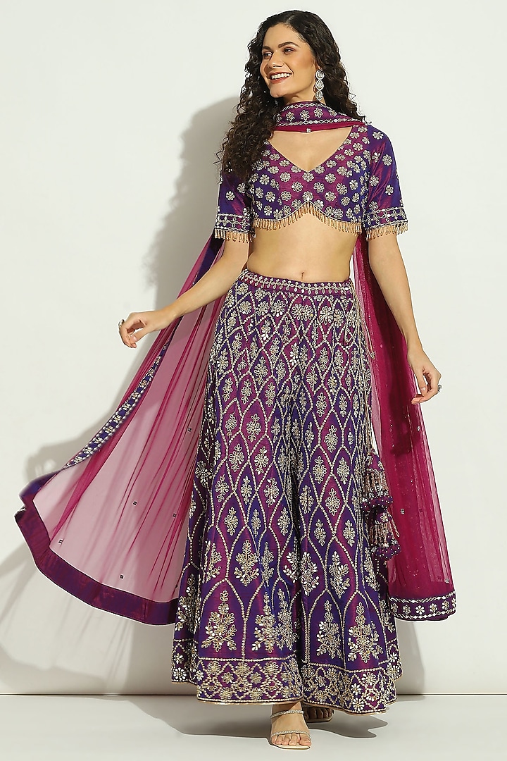 Aubergine Dupion Silk Mirror Embroidered Bridal Sharara Set by Vandana Sethi at Pernia's Pop Up Shop