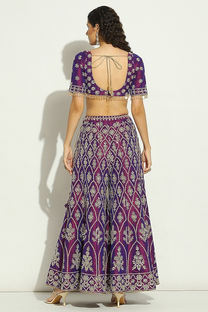 Aubergine Dupion Silk Mirror Embroidered Bridal Sharara Set by Vandana Sethi at Pernia's Pop Up Shop