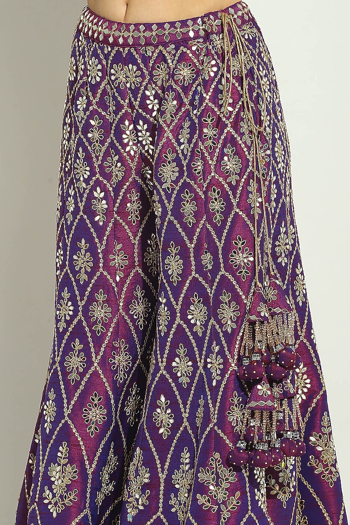 Aubergine Dupion Silk Mirror Embroidered Bridal Sharara Set by Vandana Sethi at Pernia's Pop Up Shop