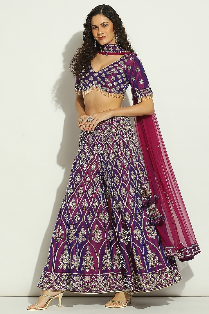 Aubergine Dupion Silk Mirror Embroidered Bridal Sharara Set by Vandana Sethi at Pernia's Pop Up Shop