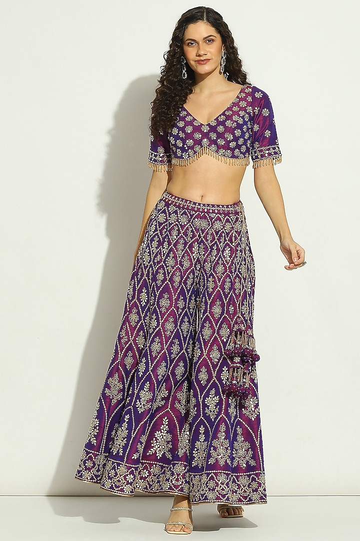 Aubergine Dupion Silk Mirror Embroidered Bridal Sharara Set by Vandana Sethi at Pernia's Pop Up Shop