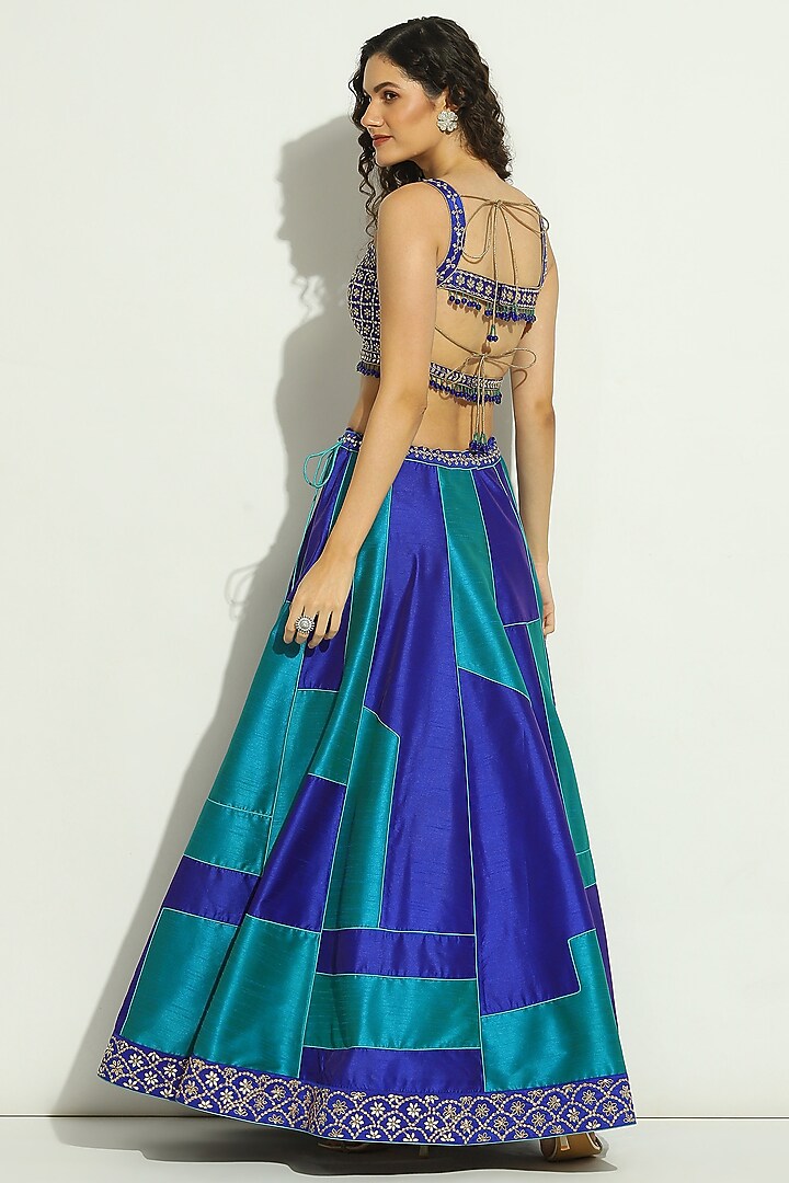 Indigo Blue Dupion Silk Patchwork Wedding Lehenga Set by Vandana Sethi at Pernia's Pop Up Shop
