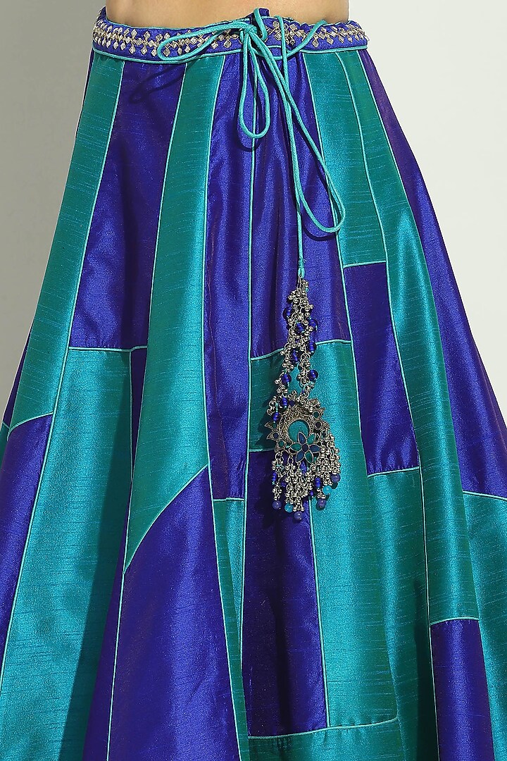 Indigo Blue Dupion Silk Patchwork Wedding Lehenga Set by Vandana Sethi at Pernia's Pop Up Shop