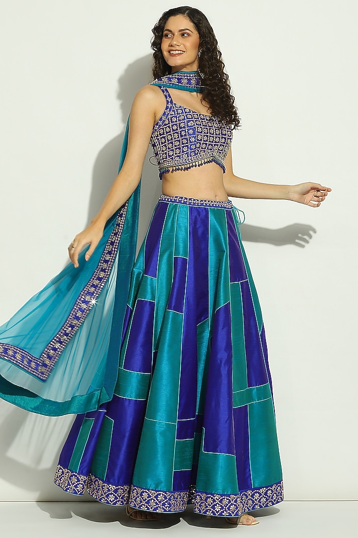 Indigo Blue Dupion Silk Patchwork Wedding Lehenga Set by Vandana Sethi at Pernia's Pop Up Shop