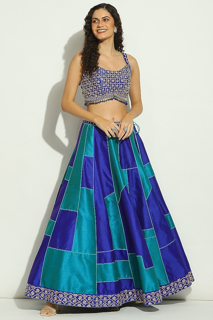 Indigo Blue Dupion Silk Patchwork Wedding Lehenga Set by Vandana Sethi at Pernia's Pop Up Shop