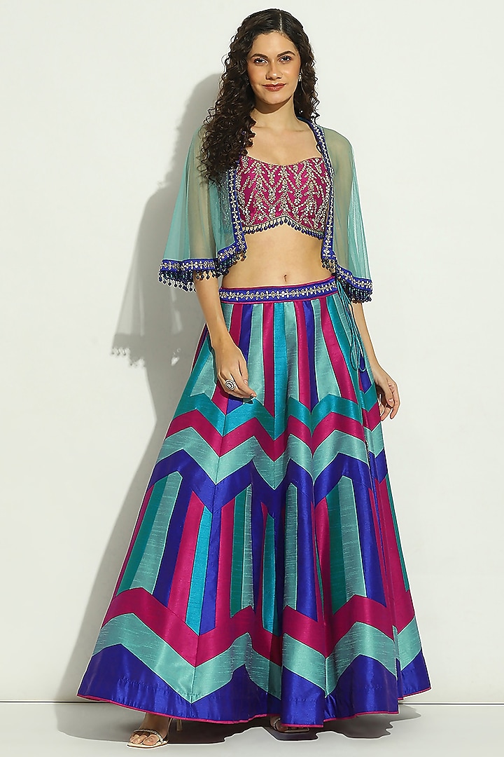 Indigo Blue Dupion Silk Patchwork Chevron Striped Jacket Wedding Lehenga Set by Vandana Sethi at Pernia's Pop Up Shop