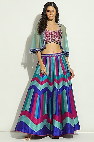 Indigo Blue Dupion Silk Patchwork Chevron Striped Jacket Lehenga Set by Vandana Sethi