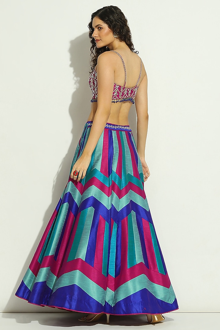 Indigo Blue Dupion Silk Patchwork Chevron Striped Jacket Wedding Lehenga Set by Vandana Sethi at Pernia's Pop Up Shop