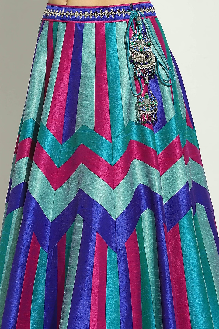Indigo Blue Dupion Silk Patchwork Chevron Striped Jacket Wedding Lehenga Set by Vandana Sethi at Pernia's Pop Up Shop