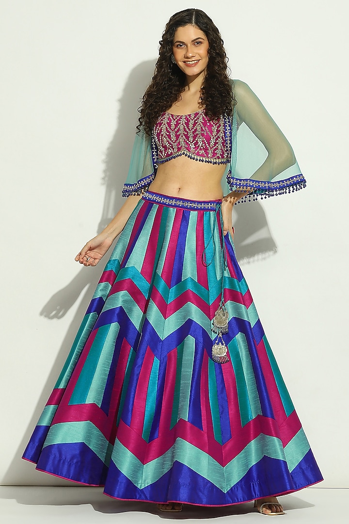 Indigo Blue Dupion Silk Patchwork Chevron Striped Jacket Wedding Lehenga Set by Vandana Sethi at Pernia's Pop Up Shop