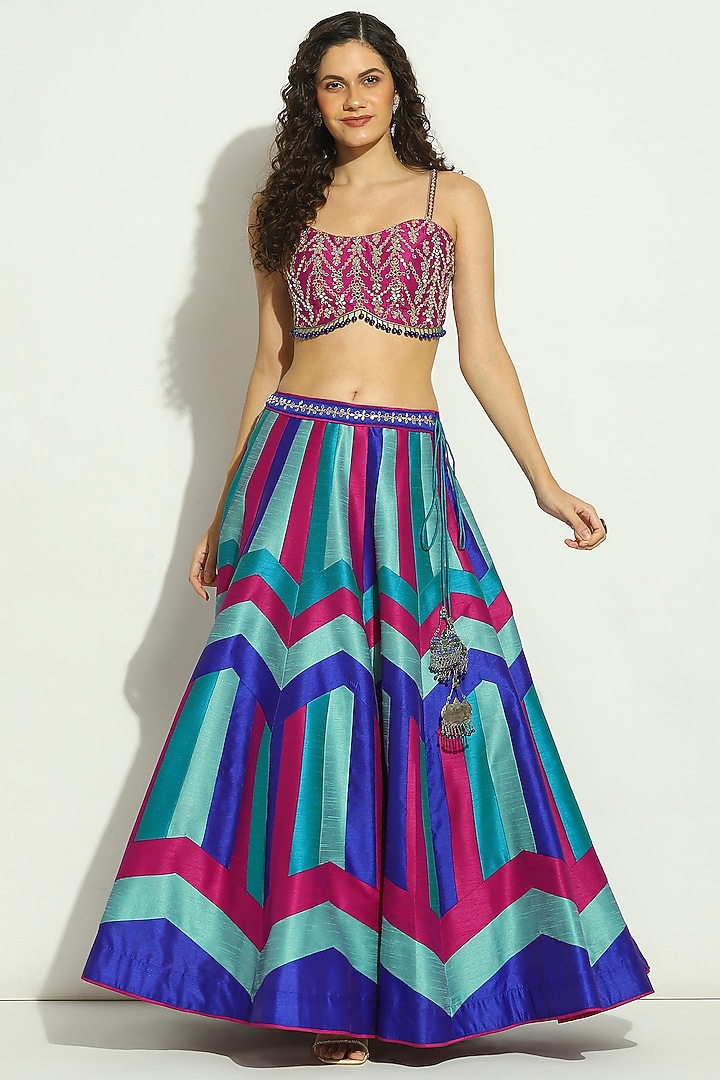 Indigo Blue Dupion Silk Patchwork Chevron Striped Jacket Wedding Lehenga Set by Vandana Sethi at Pernia's Pop Up Shop