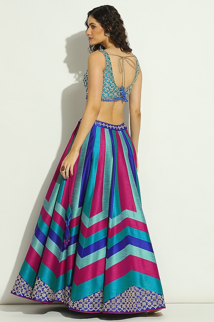 Multi-Colored Dupion Silk Patchwork Chevron Wedding Lehenga Set by Vandana Sethi at Pernia's Pop Up Shop