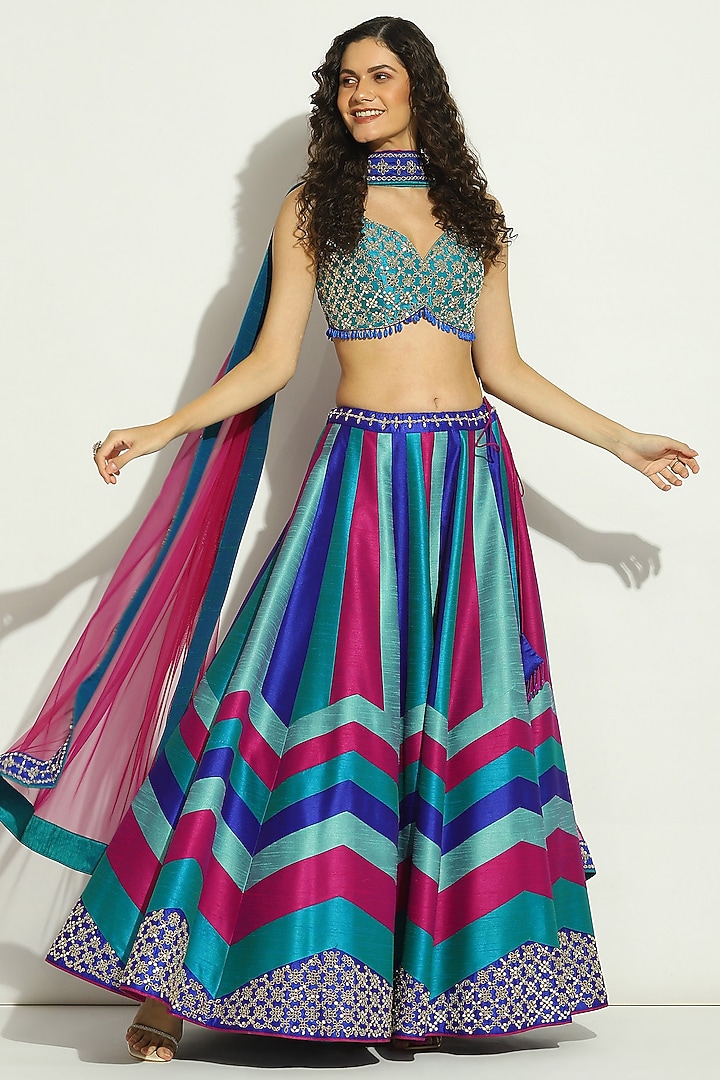 Multi-Colored Dupion Silk Patchwork Chevron Wedding Lehenga Set by Vandana Sethi at Pernia's Pop Up Shop