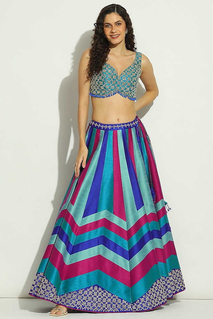 Multi-Colored Dupion Silk Patchwork Chevron Wedding Lehenga Set by Vandana Sethi at Pernia's Pop Up Shop