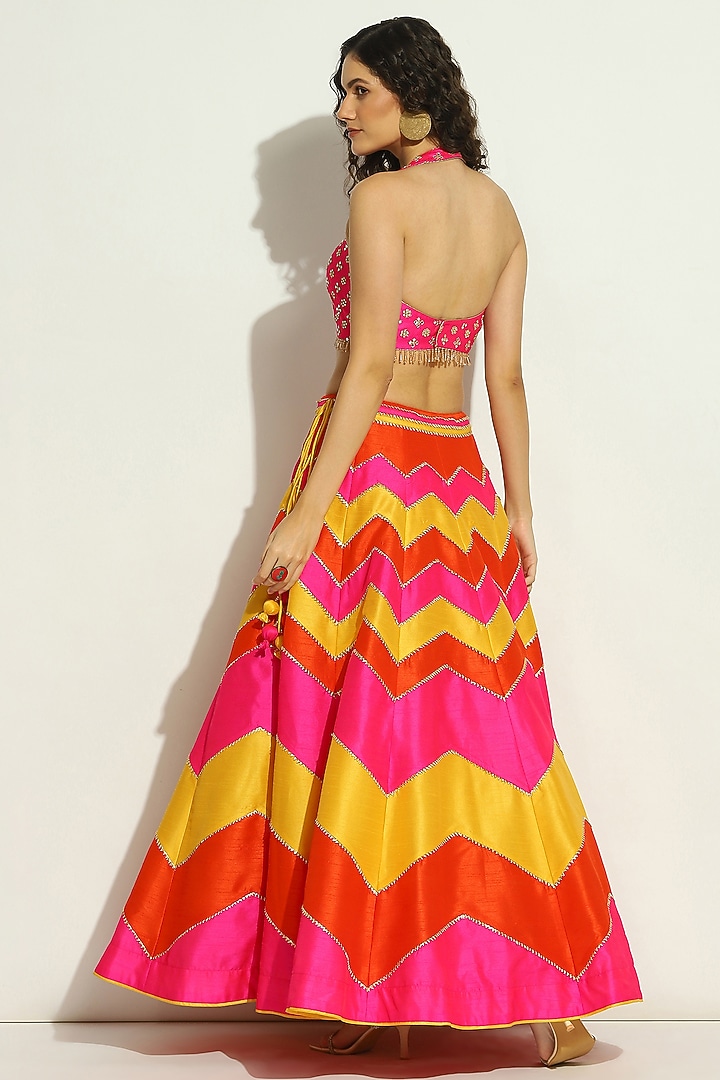 Fuchsia Dupion Silk Patchwork Chevron Wedding Lehenga Set by Vandana Sethi at Pernia's Pop Up Shop