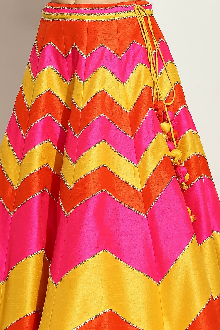 Fuchsia Dupion Silk Patchwork Chevron Wedding Lehenga Set by Vandana Sethi at Pernia's Pop Up Shop