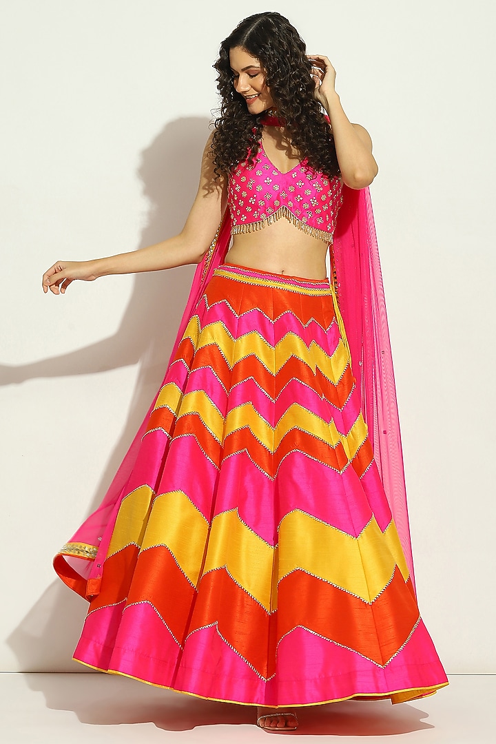 Fuchsia Dupion Silk Patchwork Chevron Wedding Lehenga Set by Vandana Sethi at Pernia's Pop Up Shop