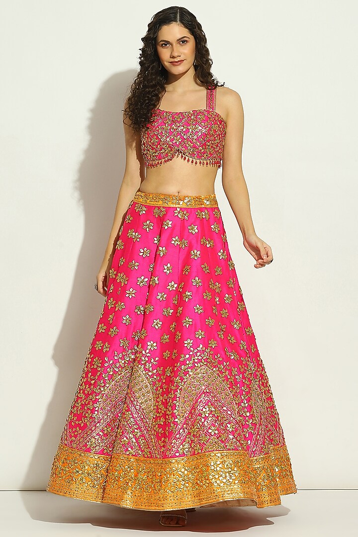 Fuchsia Dupion Silk Gota Bridal Lehenga Set by Vandana Sethi at Pernia's Pop Up Shop