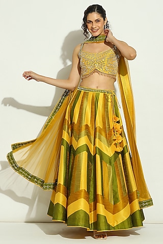 Yellow & Olive Dupion Silk Mirror Embroidered Striped Lehenga Set by Vandana Sethi
