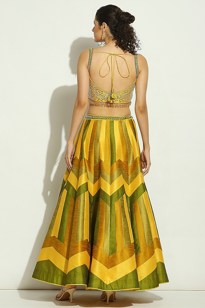 Yellow & Olive Dupion Silk Mirror Embroidered Striped Wedding Lehenga Set by Vandana Sethi at Pernia's Pop Up Shop