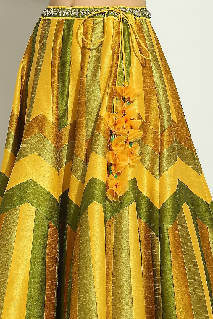 Yellow & Olive Dupion Silk Mirror Embroidered Striped Wedding Lehenga Set by Vandana Sethi at Pernia's Pop Up Shop