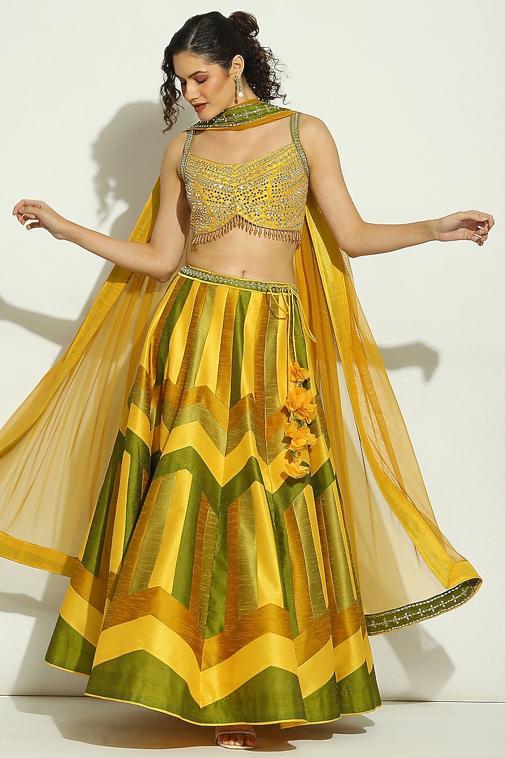 Yellow & Olive Dupion Silk Mirror Embroidered Striped Wedding Lehenga Set by Vandana Sethi at Pernia's Pop Up Shop