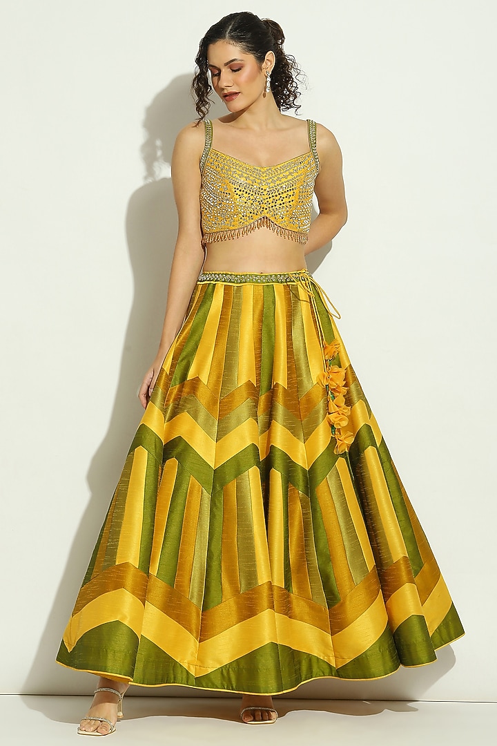 Yellow & Olive Dupion Silk Mirror Embroidered Striped Wedding Lehenga Set by Vandana Sethi at Pernia's Pop Up Shop
