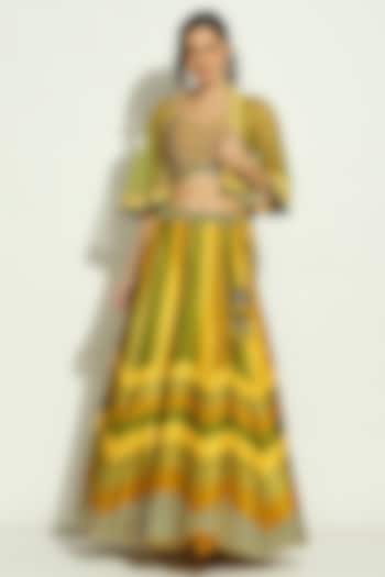 Yellow & Olive Dupion Silk Mirror Embroidered Striped Jacket Lehenga Set by Vandana Sethi