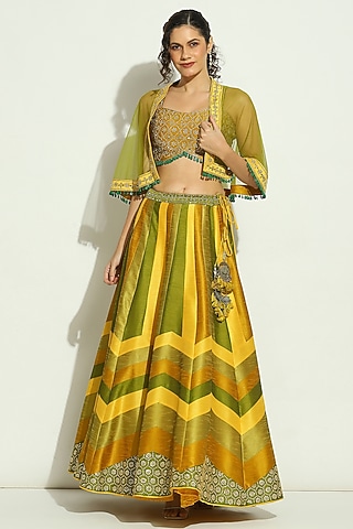 Yellow & Olive Dupion Silk Mirror Embroidered Striped Jacket Lehenga Set by Vandana Sethi