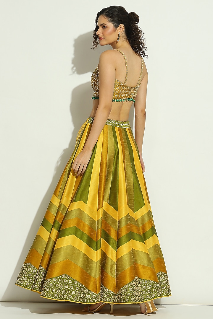 Yellow & Olive Dupion Silk Mirror Embroidered Striped Jacket Wedding Lehenga Set by Vandana Sethi at Pernia's Pop Up Shop