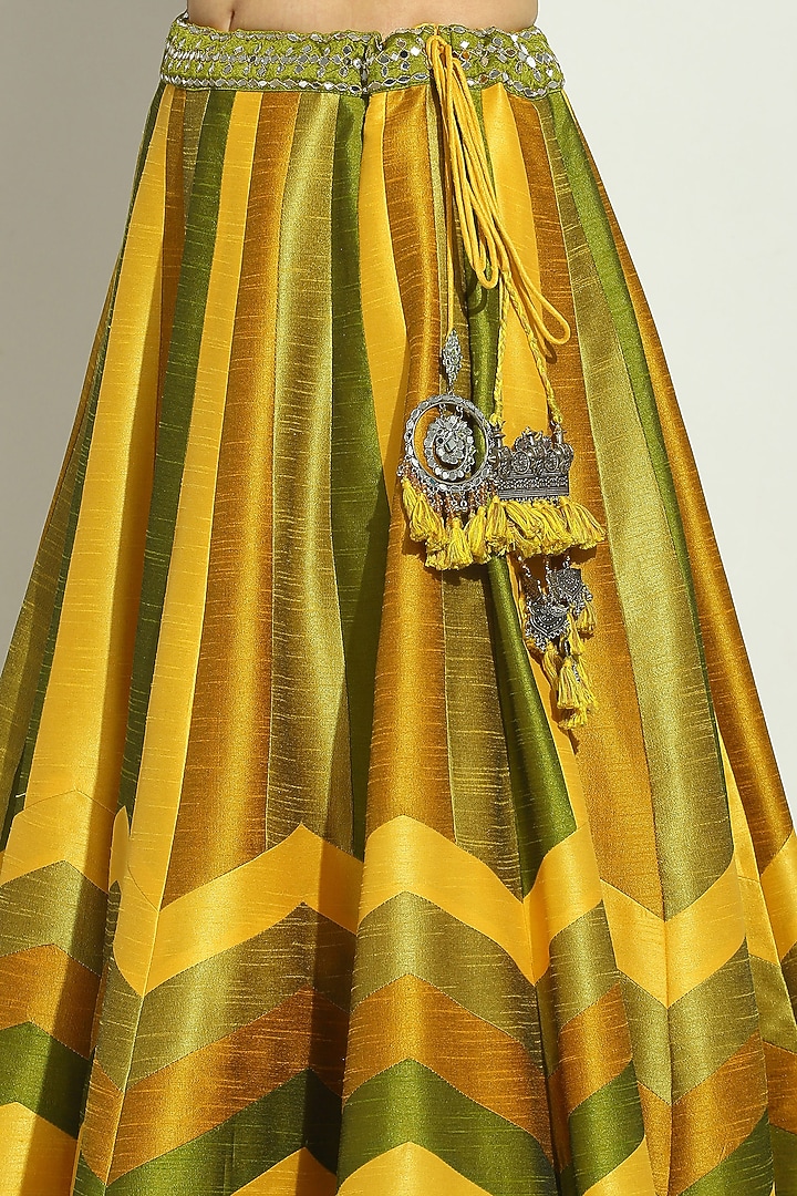 Yellow & Olive Dupion Silk Mirror Embroidered Striped Jacket Wedding Lehenga Set by Vandana Sethi at Pernia's Pop Up Shop