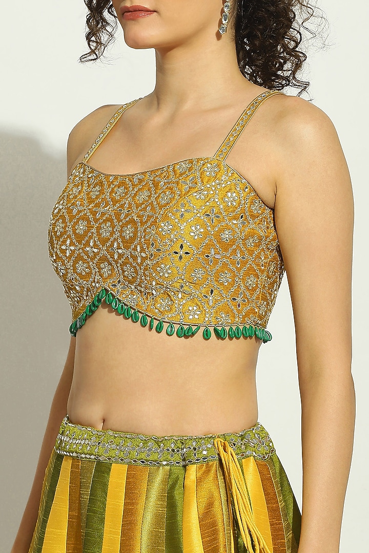 Yellow & Olive Dupion Silk Mirror Embroidered Striped Jacket Wedding Lehenga Set by Vandana Sethi at Pernia's Pop Up Shop