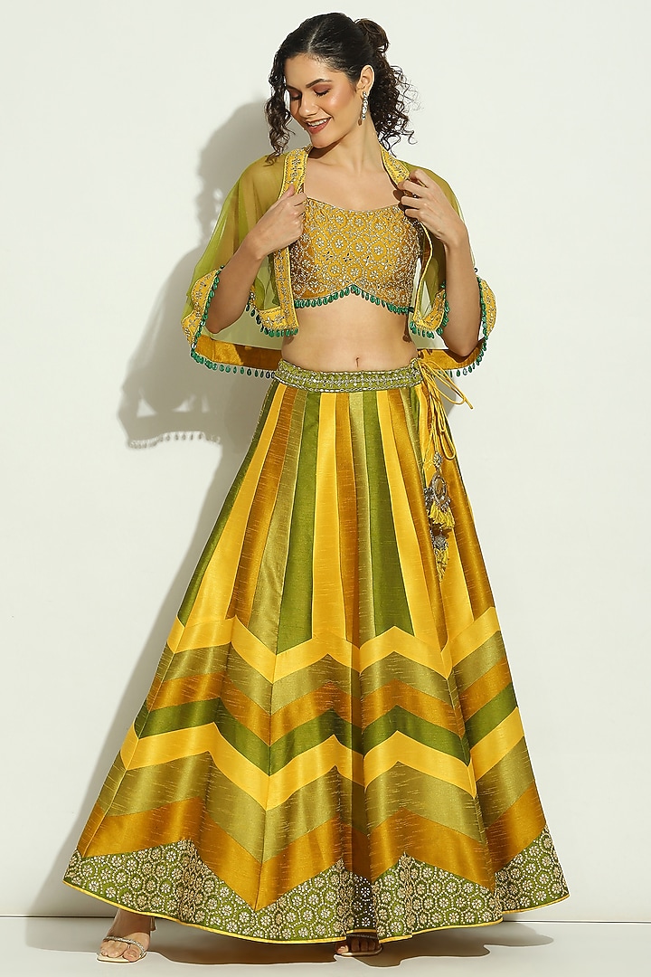 Yellow & Olive Dupion Silk Mirror Embroidered Striped Jacket Wedding Lehenga Set by Vandana Sethi at Pernia's Pop Up Shop