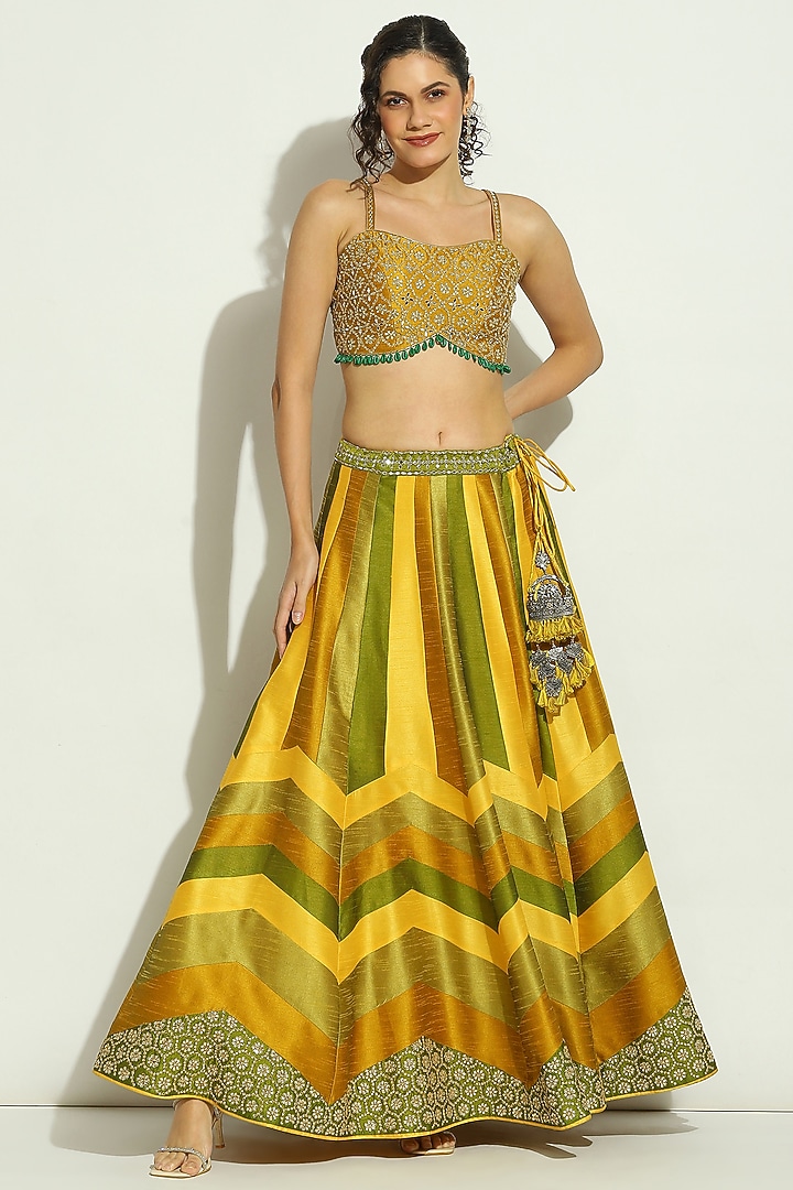 Yellow & Olive Dupion Silk Mirror Embroidered Striped Jacket Wedding Lehenga Set by Vandana Sethi at Pernia's Pop Up Shop