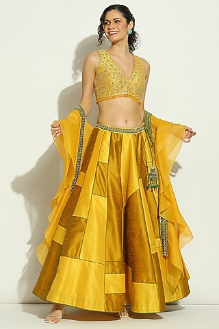 Yellow & Olive Dupion Silk Patchwork Striped Lehenga Set by Vandana Sethi