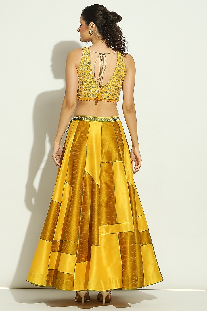 Yellow & Olive Dupion Silk Patchwork Striped Wedding Lehenga Set by Vandana Sethi at Pernia's Pop Up Shop