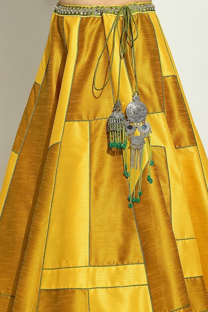 Yellow & Olive Dupion Silk Patchwork Striped Wedding Lehenga Set by Vandana Sethi at Pernia's Pop Up Shop