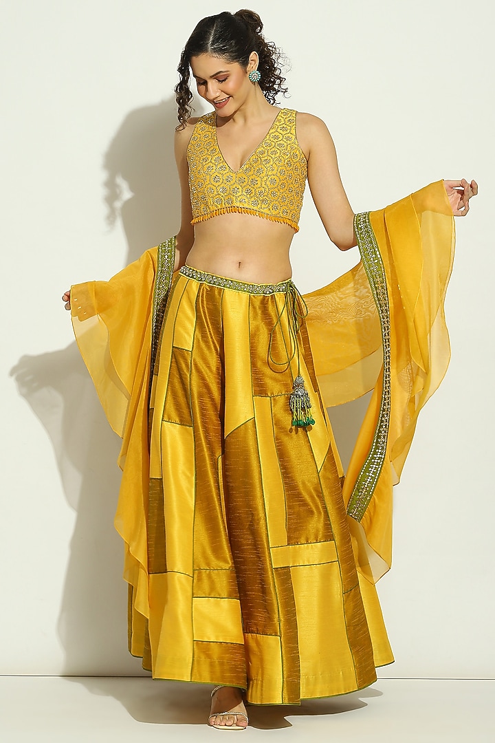 Yellow & Olive Dupion Silk Patchwork Striped Wedding Lehenga Set by Vandana Sethi at Pernia's Pop Up Shop