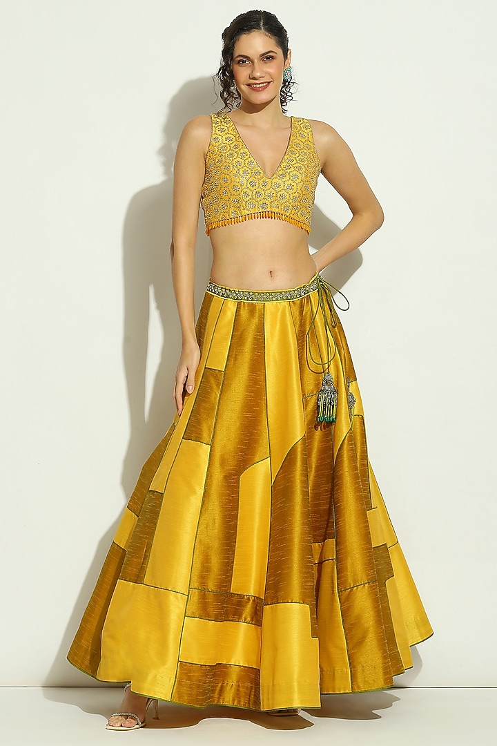 Yellow & Olive Dupion Silk Patchwork Striped Wedding Lehenga Set by Vandana Sethi at Pernia's Pop Up Shop