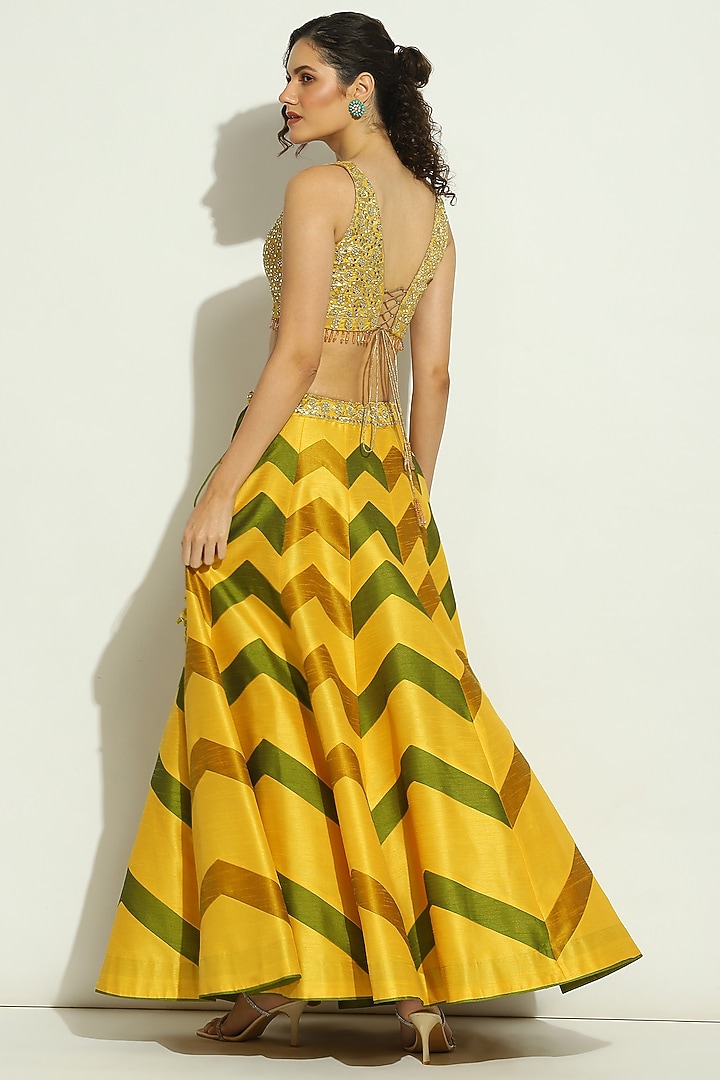 Yellow & Olive Dupion Silk Gota Wedding Lehenga Set by Vandana Sethi at Pernia's Pop Up Shop