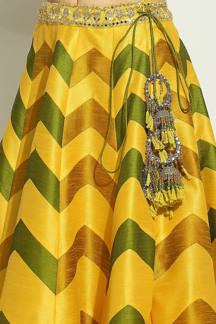Yellow & Olive Dupion Silk Gota Wedding Lehenga Set by Vandana Sethi at Pernia's Pop Up Shop
