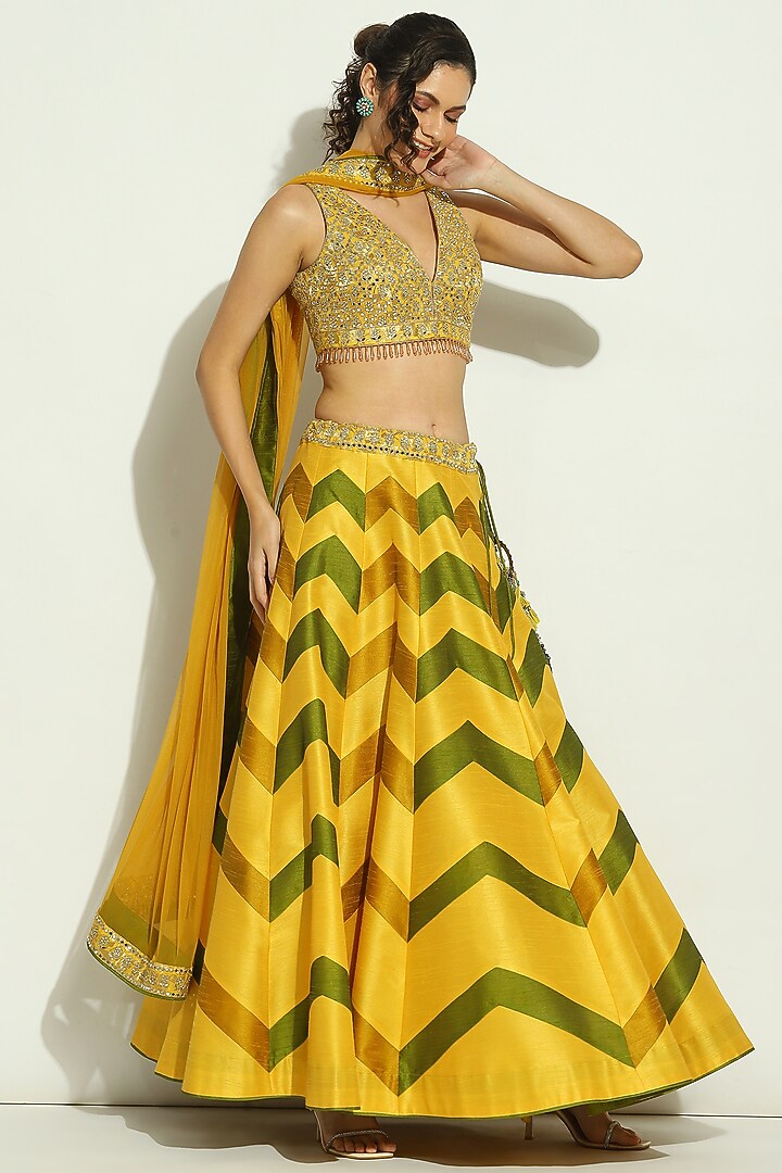 Yellow & Olive Dupion Silk Gota Wedding Lehenga Set by Vandana Sethi at Pernia's Pop Up Shop