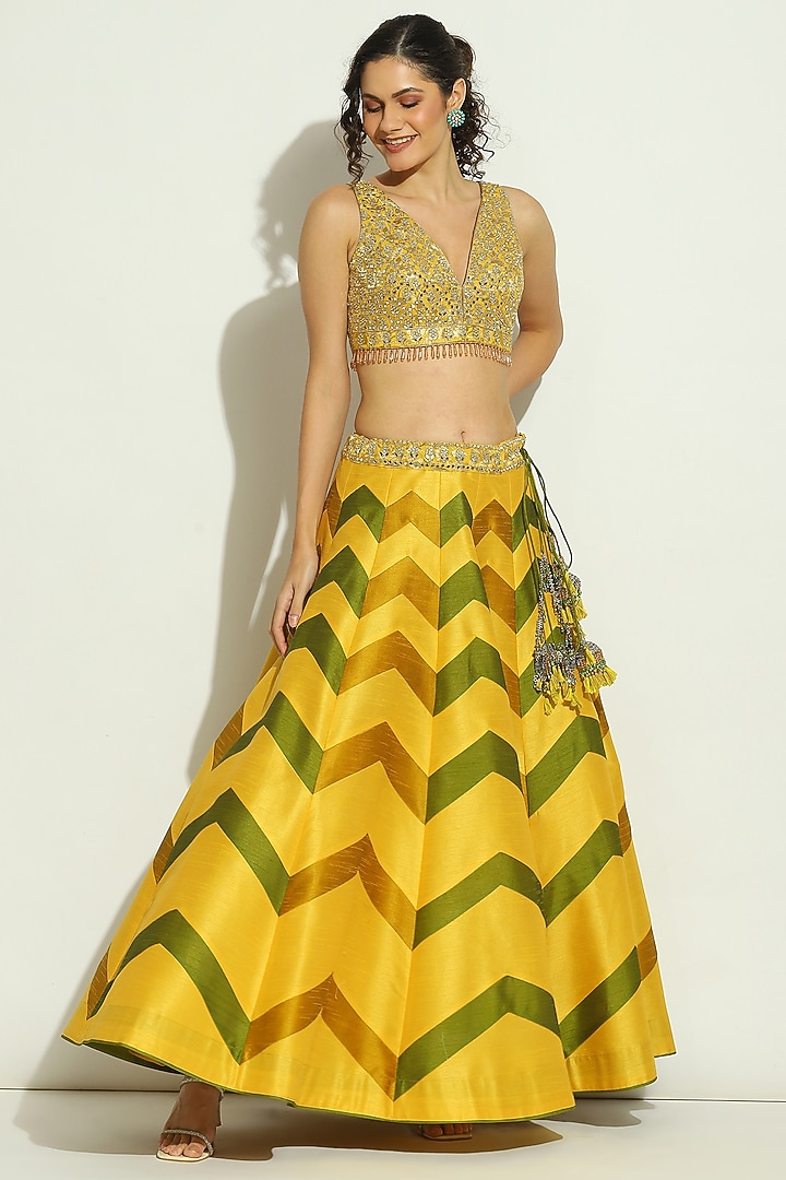 Yellow & Olive Dupion Silk Gota Wedding Lehenga Set by Vandana Sethi at Pernia's Pop Up Shop